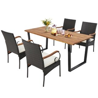 Gymax 5PCS Rattan Dining Set Acacia Wood Table 4 Wicker Chairs w/ - Bed ...
