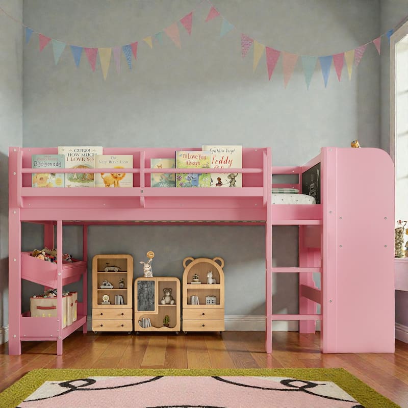 Low Loft Bed with Desk, Storage Bookcases, Drawers & Boxes, Solid Wood Kids Loft Bed with Blackboard Shelf - Pink - Full
