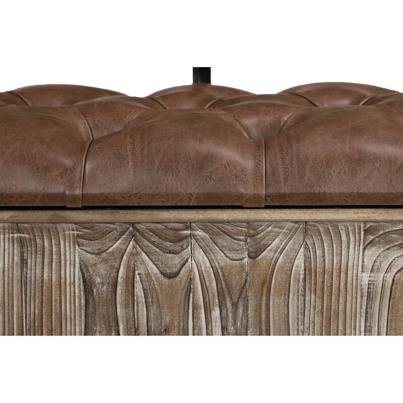 Brown Wood Storage Bench with Tufted Faux Leather Seat and Back