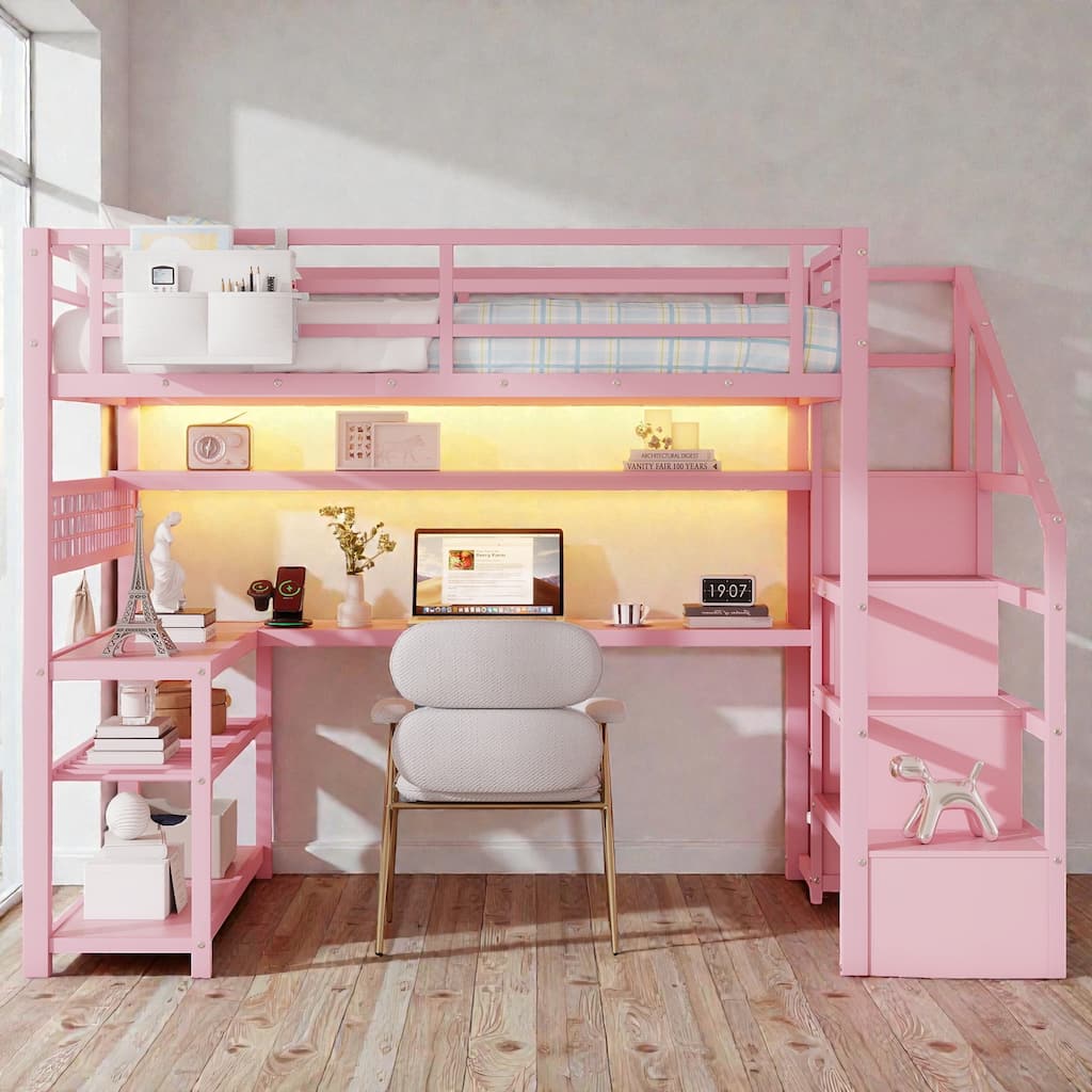 Full Size Metal Loft Bed with Staircase Storage, Wardrobe, Desk, Shelves, LED Lights and Charging Station