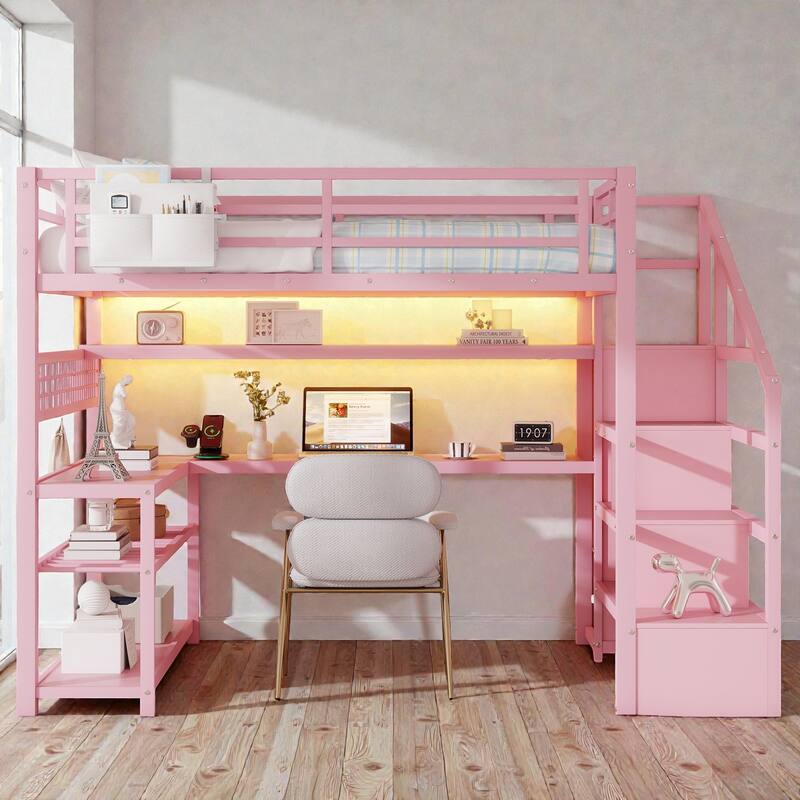 Full Size Metal Loft Bed with Staircase Storage, Wardrobe, Desk, Shelves, LED Lights and Charging Station - Pink - Full