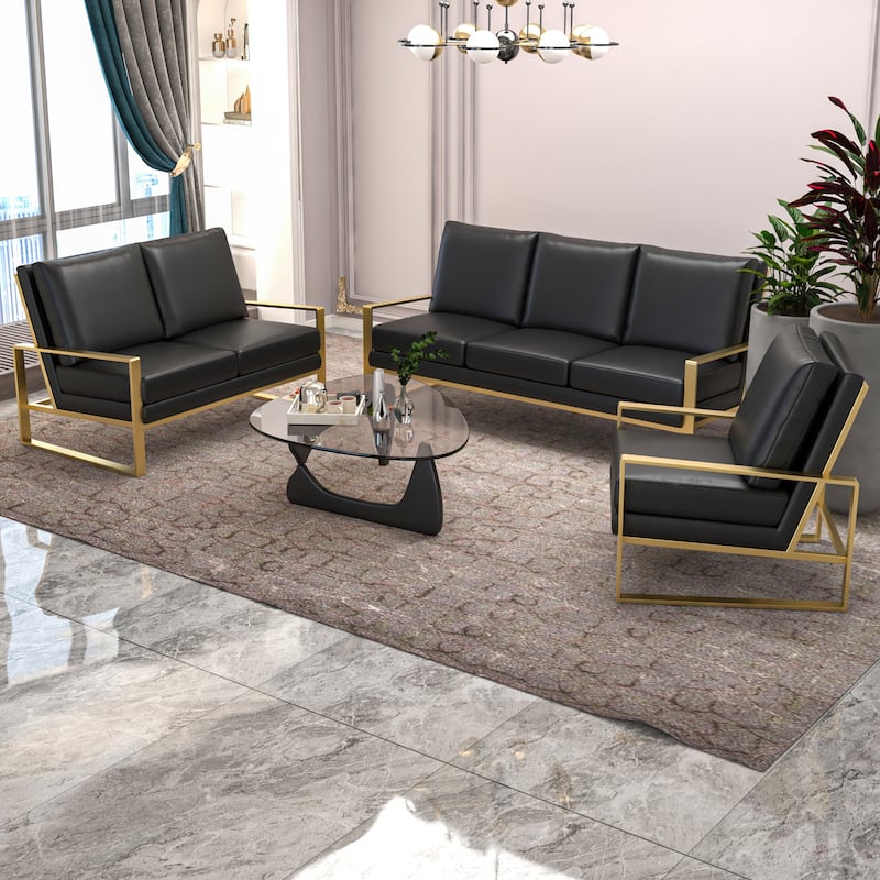 Jefferson Modern Leather Upholstered 3-Piece Sofa Set in Brushed Gold Stainless Steel Base for Home Office Living Room Bedroom