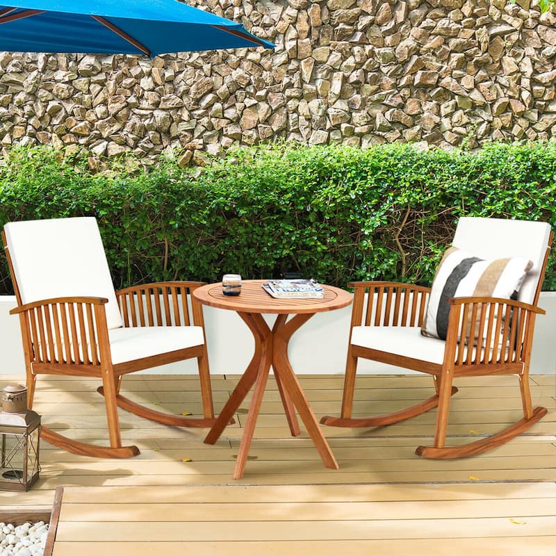 Gymax 3PCS Patio Rocking Chair Set Round Table Solid Wood Cushioned