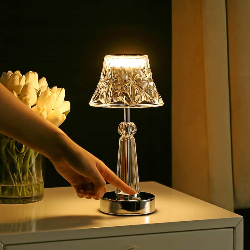 Natalia 11.5" Bohemian Classic Acrylic Wireless Rechargeable Integrated LED Table Lamp, Clear/Chrome by JONATHAN Y