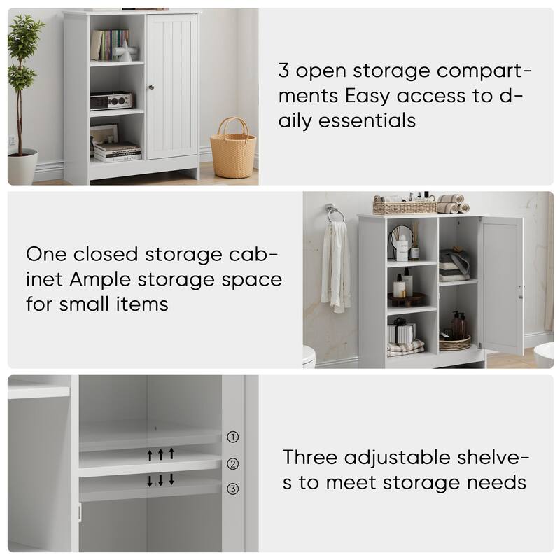 Roomfitters Modern Bathroom Storage Cabinet with Open Shelves and Beadboard Door, Floor Organizer for Small Spaces, White