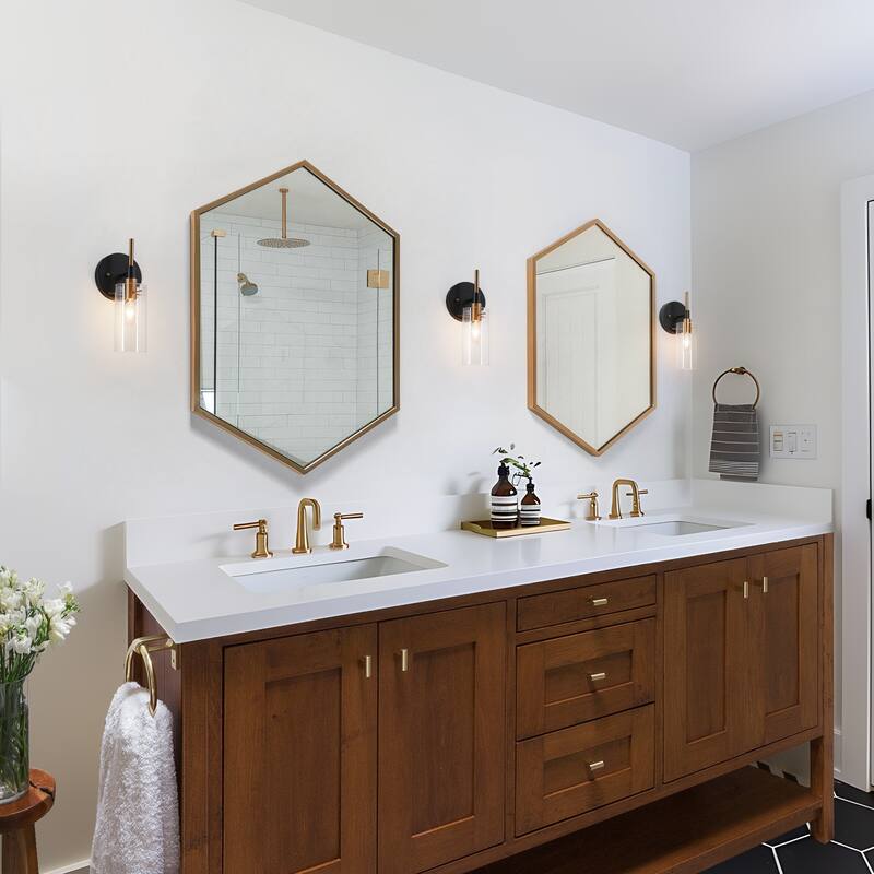 Modern Farmhouse 1-Light Black Gold Wall Sconce Light Fixture with Glass Shade