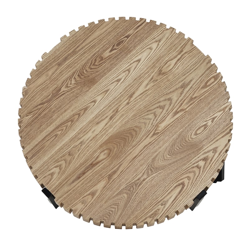 Roomfitters 31.5" Round Drum Coffee Table, Handcrafted Gear-Design Wood Grain Top with Modern Black Cross Metal Base
