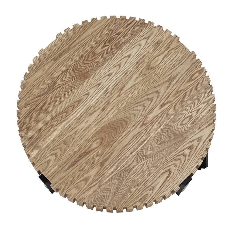 Round Coffee Table, Handcraft Drum Coffee Table with Gear Design & Cross Metal Base, Wood Grain MDF Top