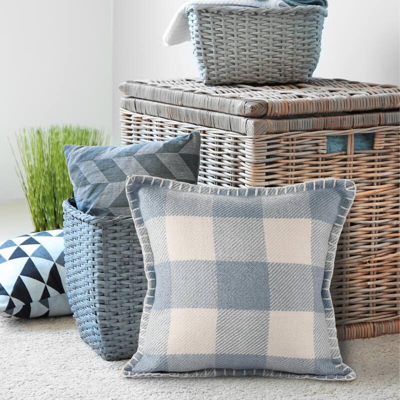 Handwoven Plaid Outdoor Patio Square Throw Pillow - 20" - Blue and Cream
