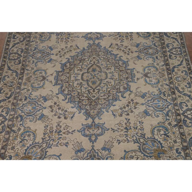 Tabriz Persian Area Rug Hand-Knotted Beige Floral Wool Carpet - 8'2"x 10'9"