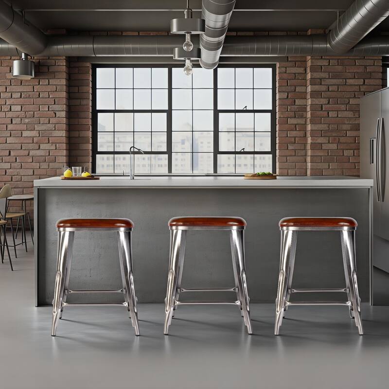 Eastham 24.75 in. Seat Height Leather and Iron Counter Stool with Footrest - Brown Leather