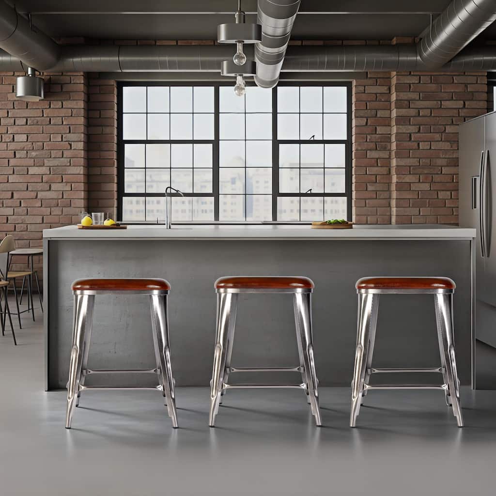 Eastham 24.75 in. Seat Height Leather and Iron Counter Stool with Footrest