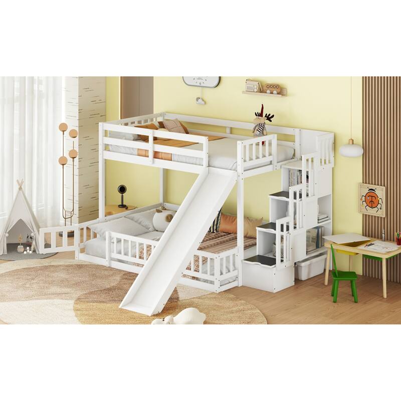 Roomfitters Twin Over Full Bunk Bed with Slide and Storage Staircase, Solid Pine Wood Bunk Bed with Guardrails