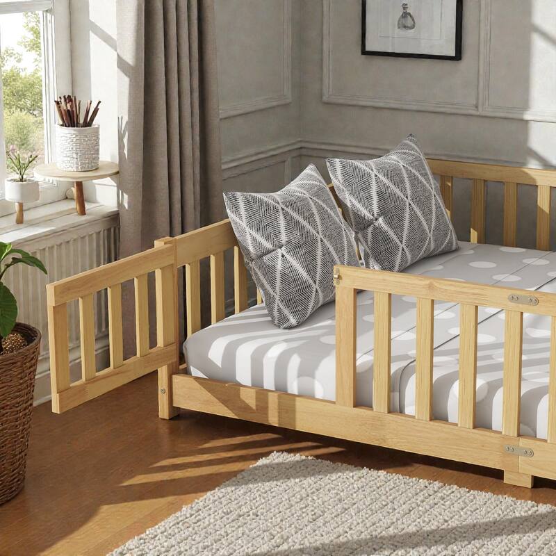 Floor Bed with Fence, Solid Rubber Wood Montessori Floor Bed with Safety Guardrails