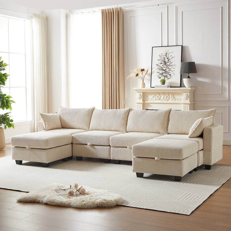113.5" Corduroy U-Shaped Sectional Sofa with Ottoman