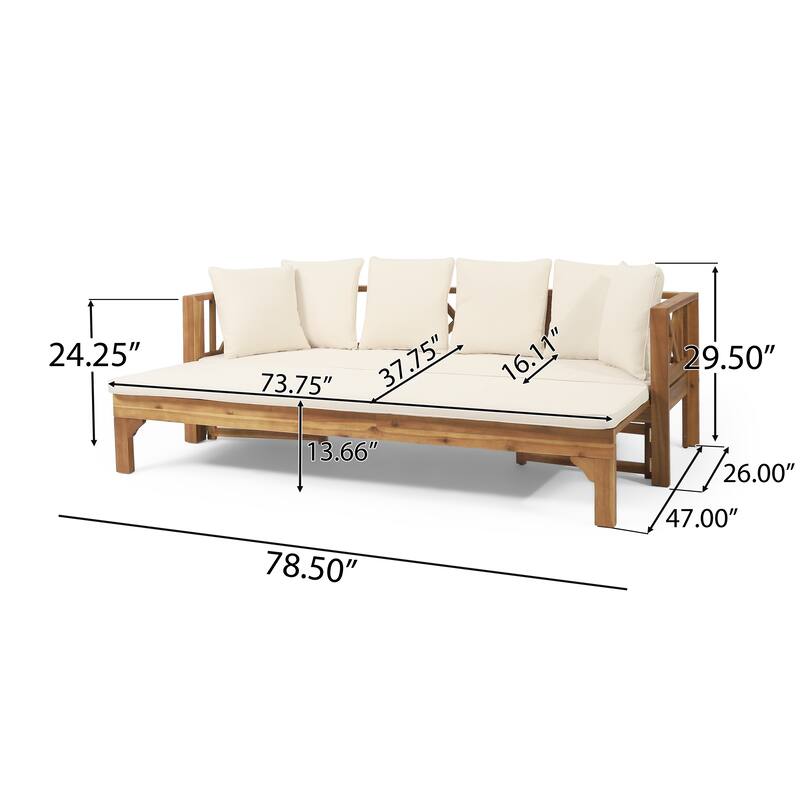 Outdoor Extendable Acacia Wood 3 Seater Sofa, Upholstered Cushion Couch, Daybed Sofa Chair, Spacious Seating Lounge Chair