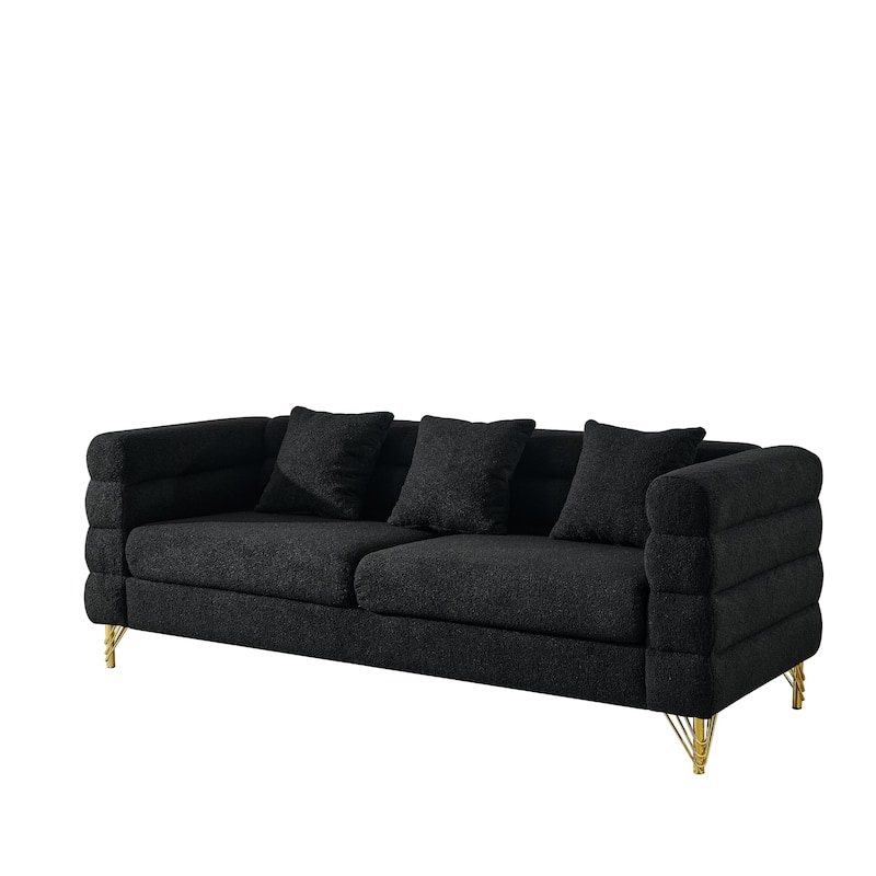 Anmytek Oversized 81 Inch Black Teddy Fabric Sectional Sofa with Deep Seating and 3 Pillows