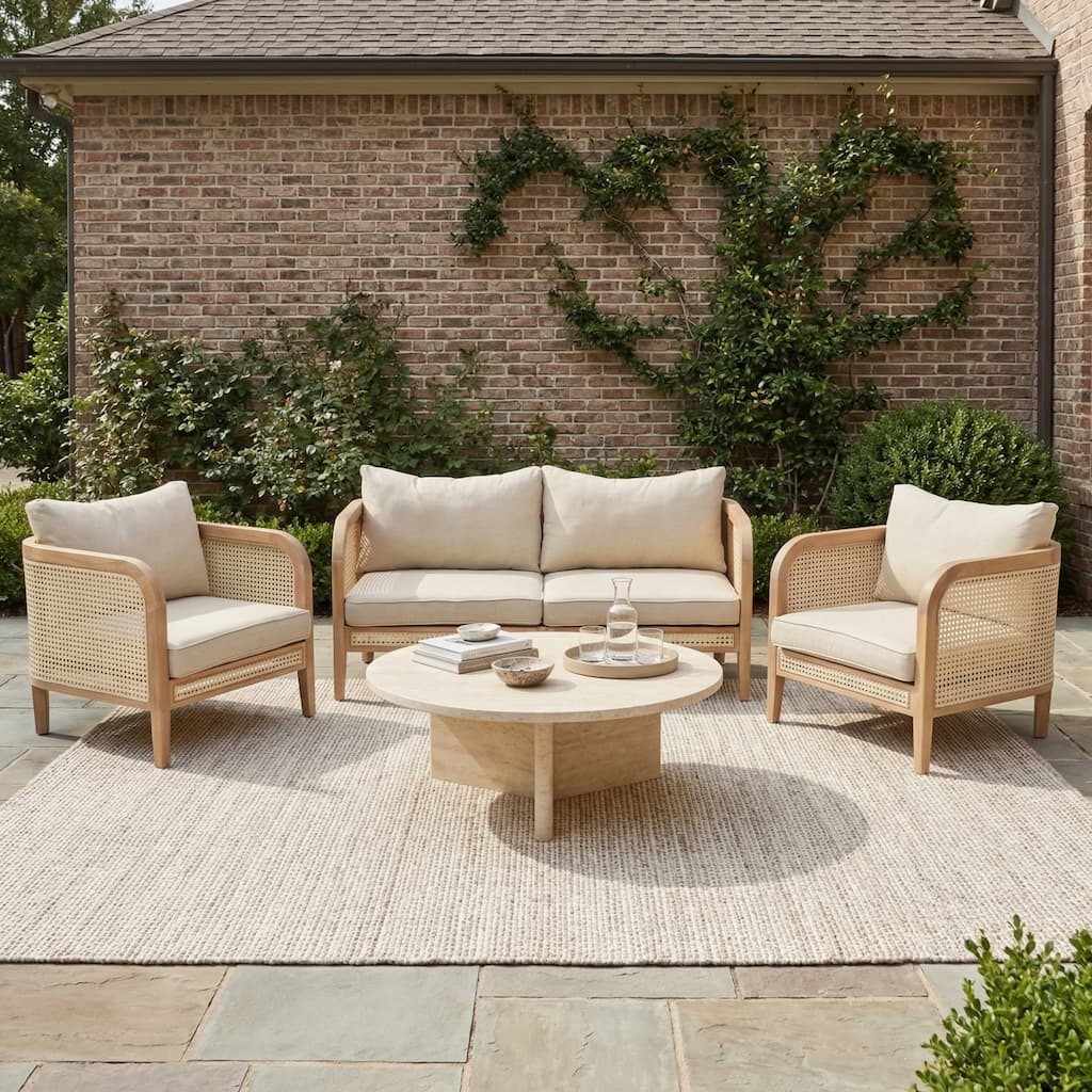 Christopher Knight Home - Helvon 3-Piece Outdoor Acacia Wood Conversation Set with Woven Lounge Chairs & Loveseat and Cushions