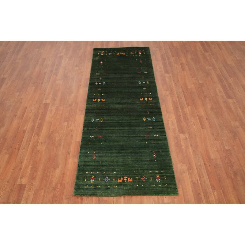Hand Knotted Oriental Viscose Silk Carpet Tribal Animal Pictorial Green Gabbeh Runner Rug - 7' 6'' X 2' 8''