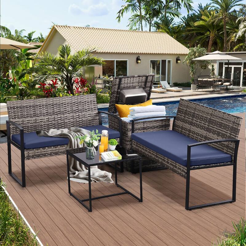 4-Piece Wicker Outdoor Sofa Set, 2 Loveseats, 1 Table, 1 Ice Bucket - Gray/Blue
