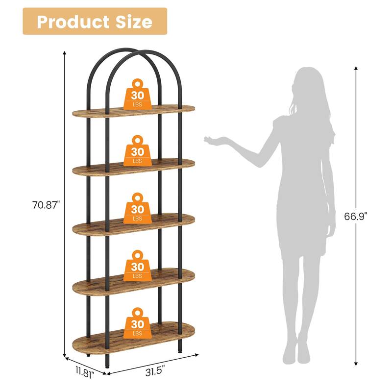71" Bookshelf 5 Tier Bookcase Arched Display Racks Tall Bookshelf Freestanding Open Storage Shelf
