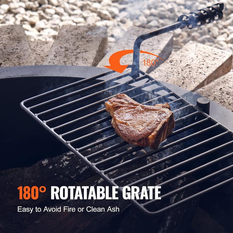 Black Carbon Steel Fire Pit Ring with BBQ Fire Ring, Swivel Grate - 34.84 x 34.84 x 13.15 in