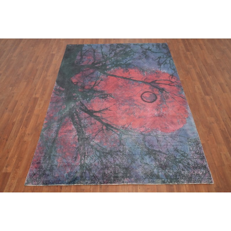 Hand Knotted Oriental Viscose Silk Carpet Modern Pictorial Multi-Colored Abstract Area Rug - 7' 10'' X 5' 6''