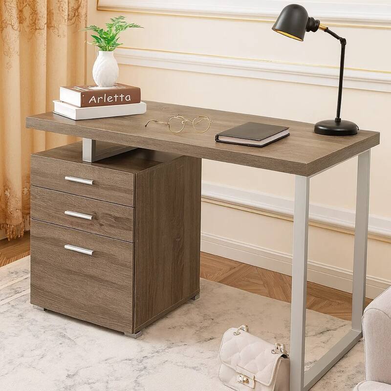 Wooden and Metal Office Desk with Storage Unit, Brown and Silver