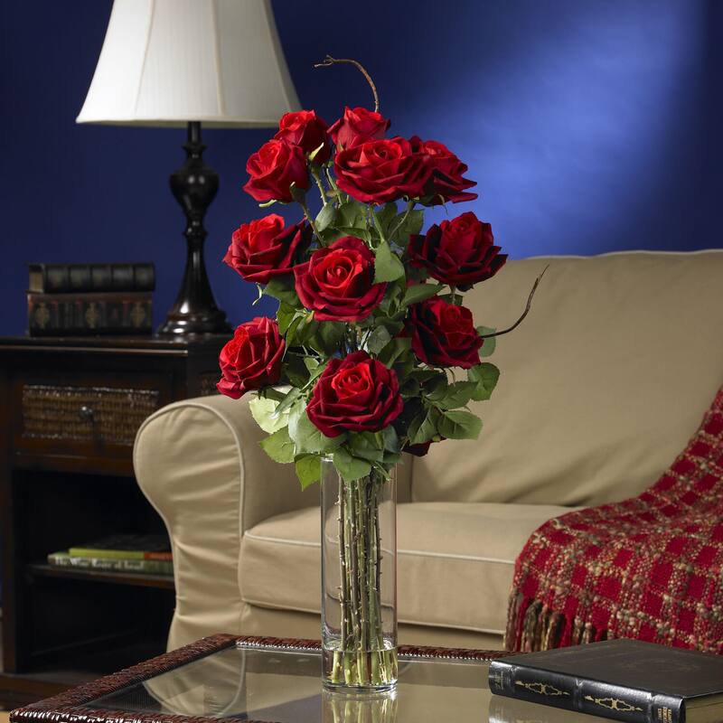 Silk Rose Flower Arrangement with Vase - Rustic Home Decor Roses Bouquet for Table Centerpiece - 27