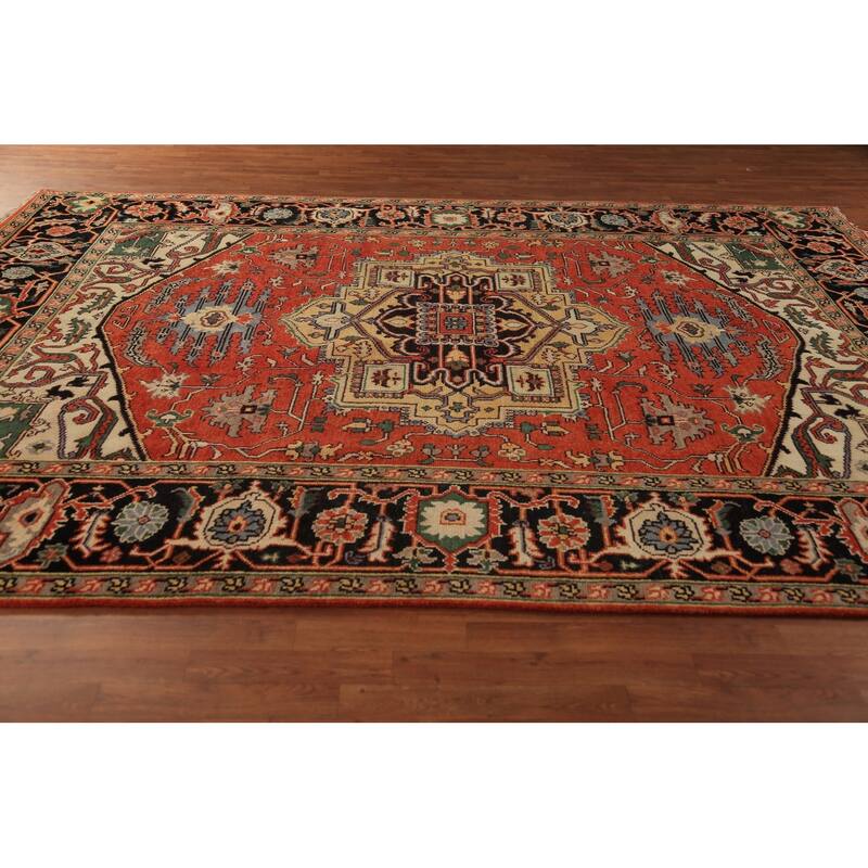 Geometric Heriz Serapi Indian Area Rug Handmade Orange Wool Carpet - 8'9"x 11'10"
