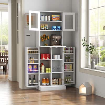 71''Pantry Cabinet,Tall Cabinet with Microwave Stand,Freestanding Kitchen Hutch with Doors and Adjustable Shelves,Food Pantry