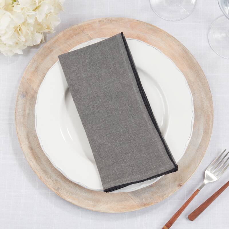 Stonewashed Linen Napkins With Stitched Border Design (Set of 4)