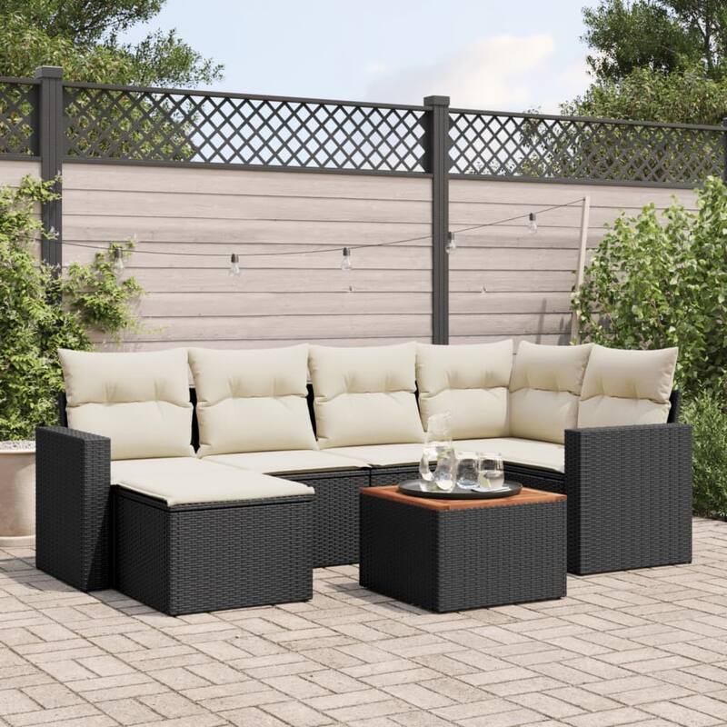 vidaXL Patio Sofa Set with Cushions Outdoor Furniture 7 Piece Poly Rattan - 21.7 x 21.7 x 14.6 - Black and cream