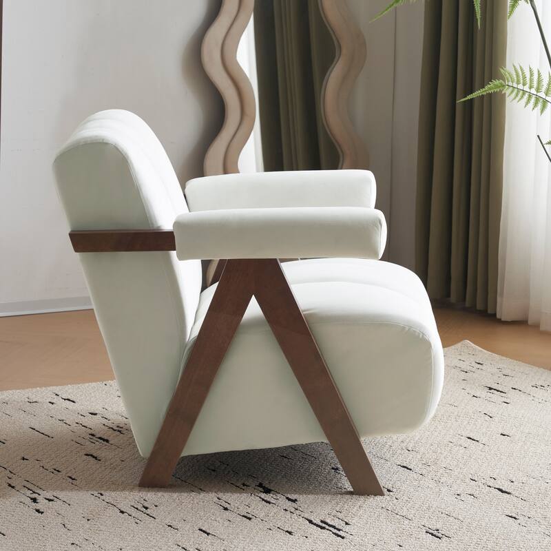 Ivory White Mid Century Modern 32.5" Velvet Upholstered Arm Chair with Solid Wood Frame and Thick Cushion for Living Room