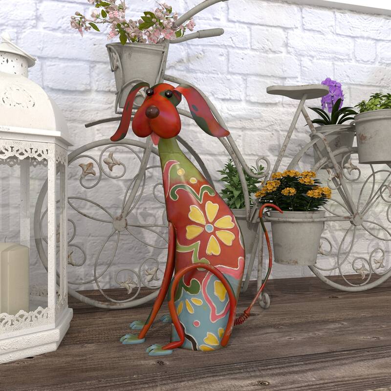 Multi Colored Metal Indoor Outdoor Dog Garden Sculpture with Floral Pattern