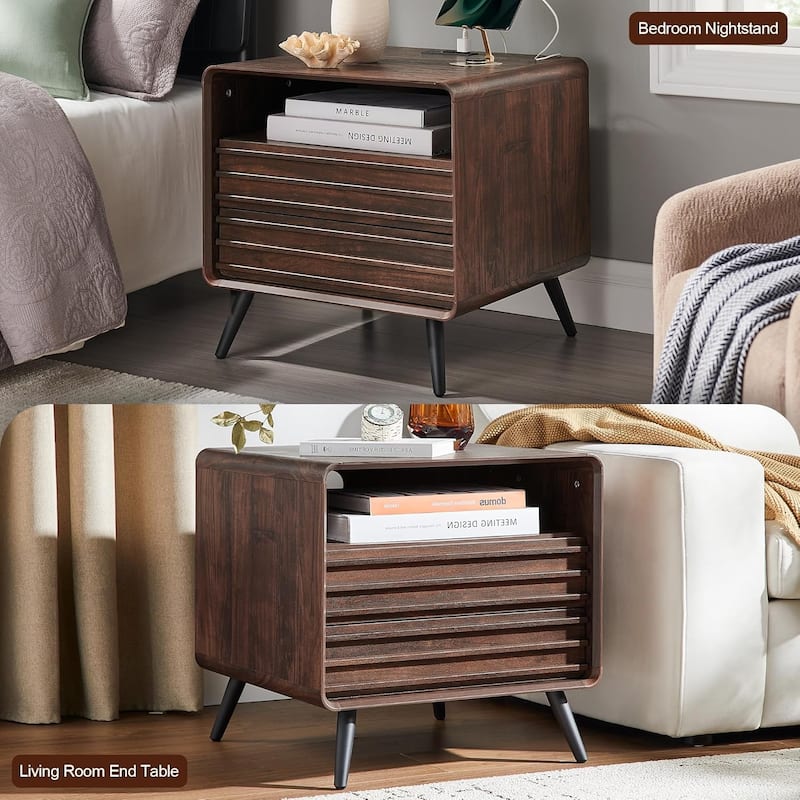 Mid Century Modern Nightstand with charging station, Wood End Table