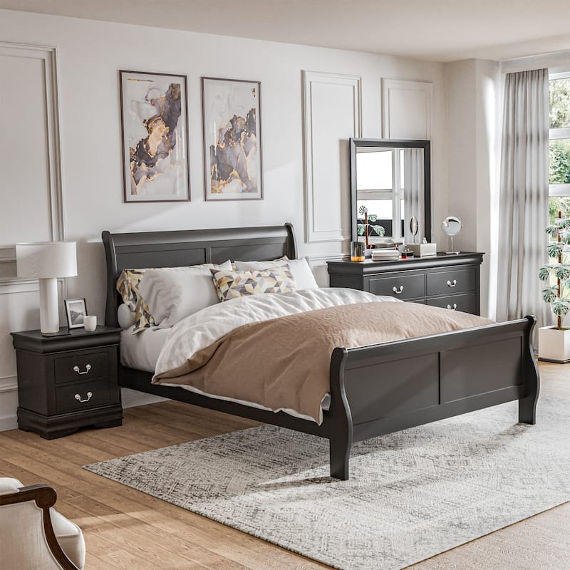 Furniture of America Mayday Traditional Solid Wood 4-Piece Sleigh Bedroom Set - Black