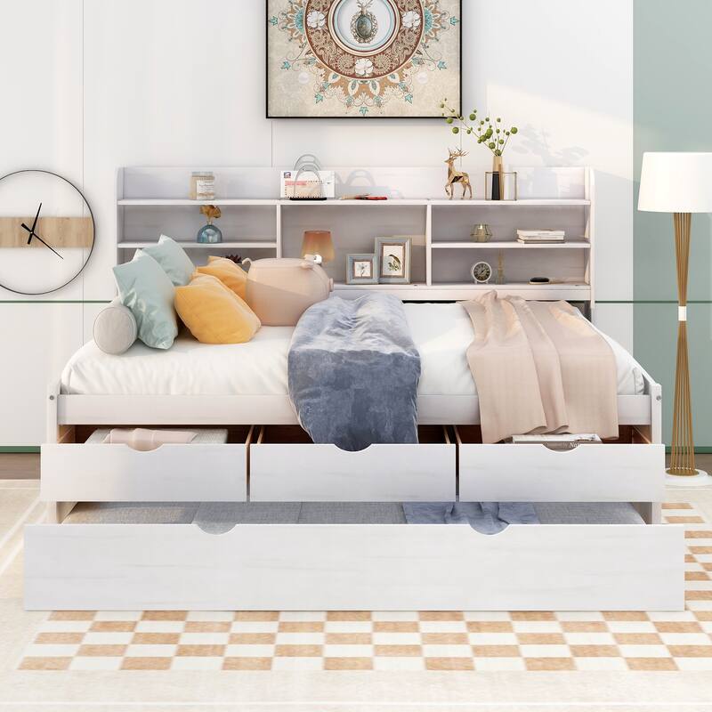Full Size Wooden Bed with Bookcase Headboard, Three Storage Drawers, and Trundle for Space-Saving Design