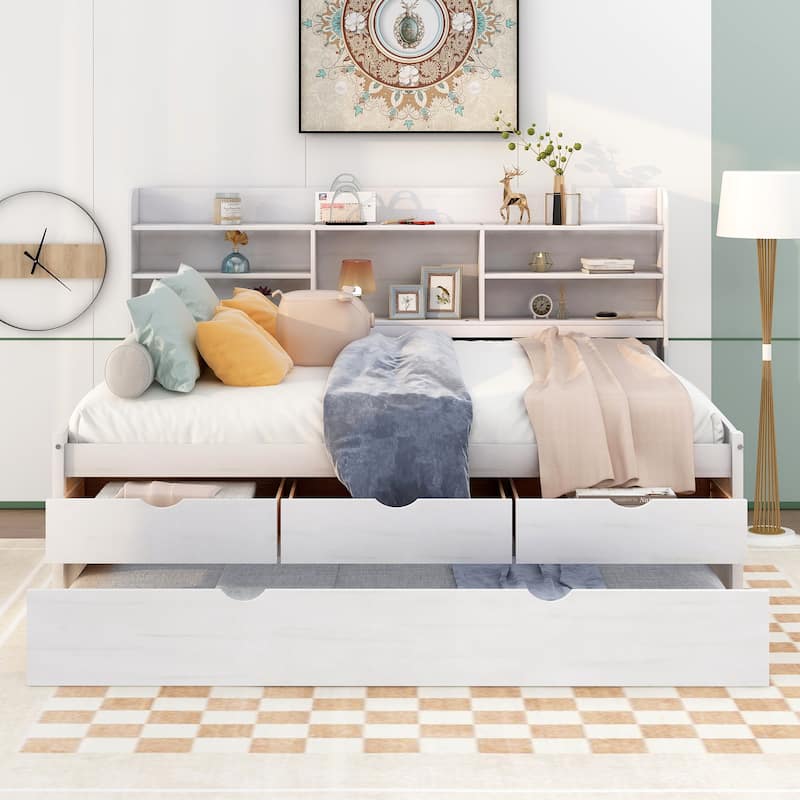 White Full Size Wooden Captain Platform Bed with Built-in Bookshelves, Three Storage Drawers and Trundle