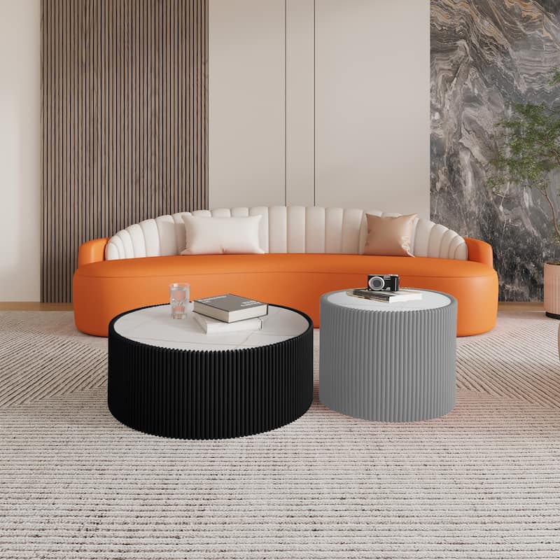 Light Sintered Stone Cylinder Shape Leather Coffee Table - Gold Pattern