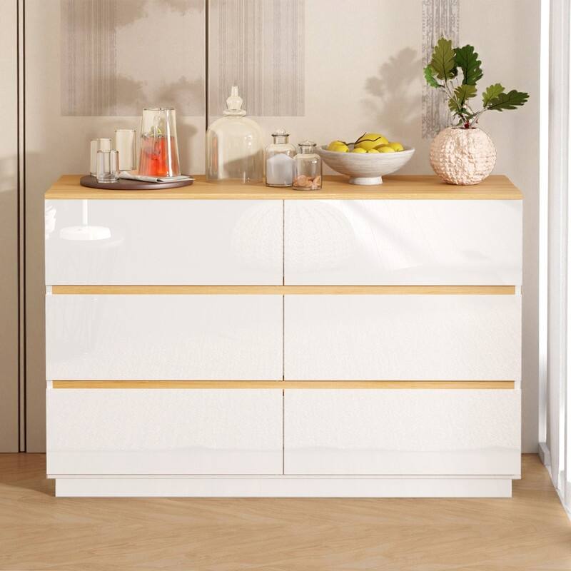 High-Gloss White Oak Contrast P2 15MM Particleboard Melamine 47.2in Double 6-Drawer