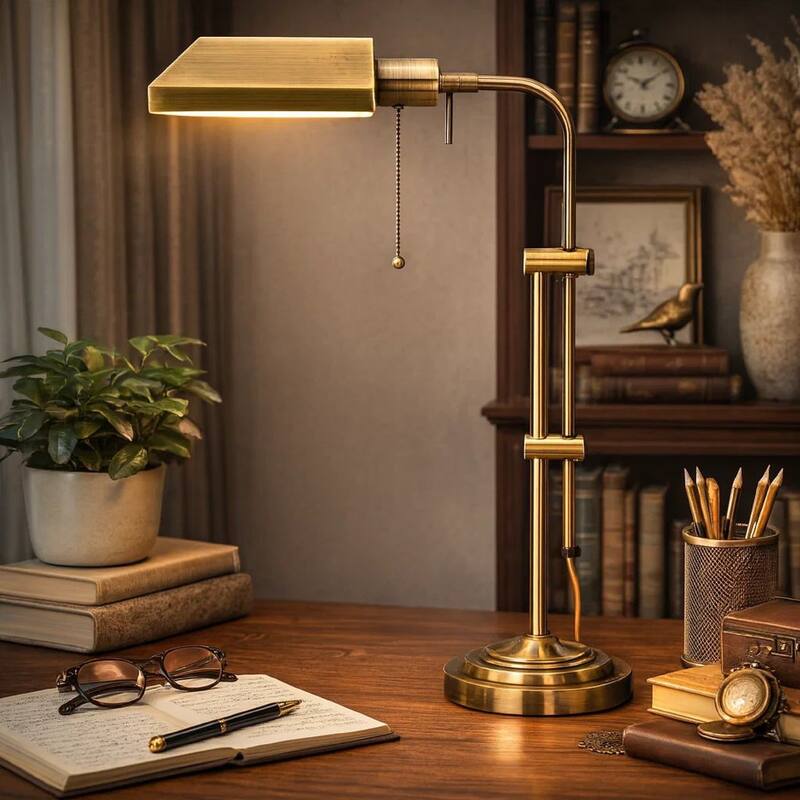 Metal Rectangular Desk Lamp with Adjustable Pole, Gold
