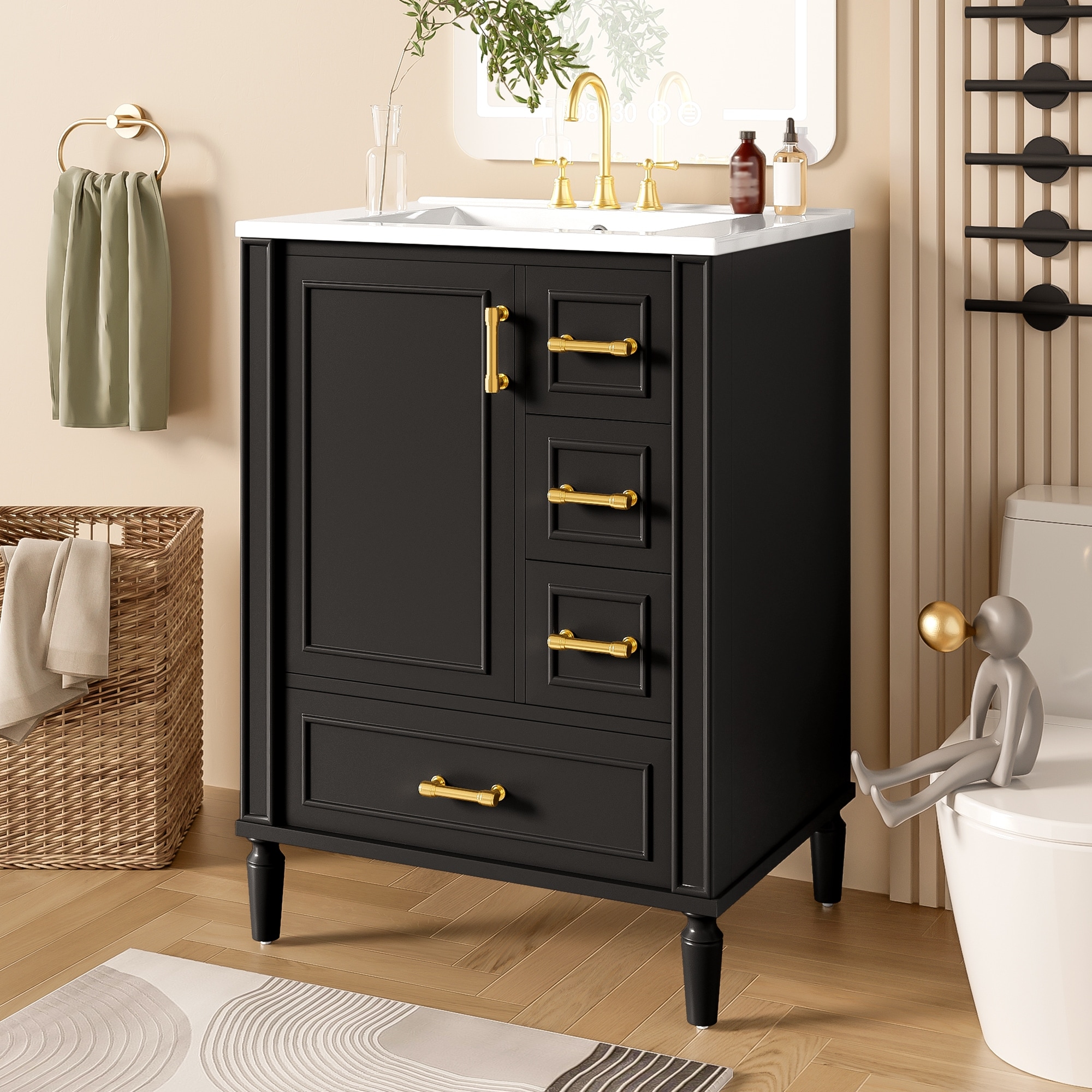 GDFStudio - Fernwell Transitional Freestanding Bathroom Vanity Cabinet with Ceramic Sink, Soft Close Drawers & Door Storage
