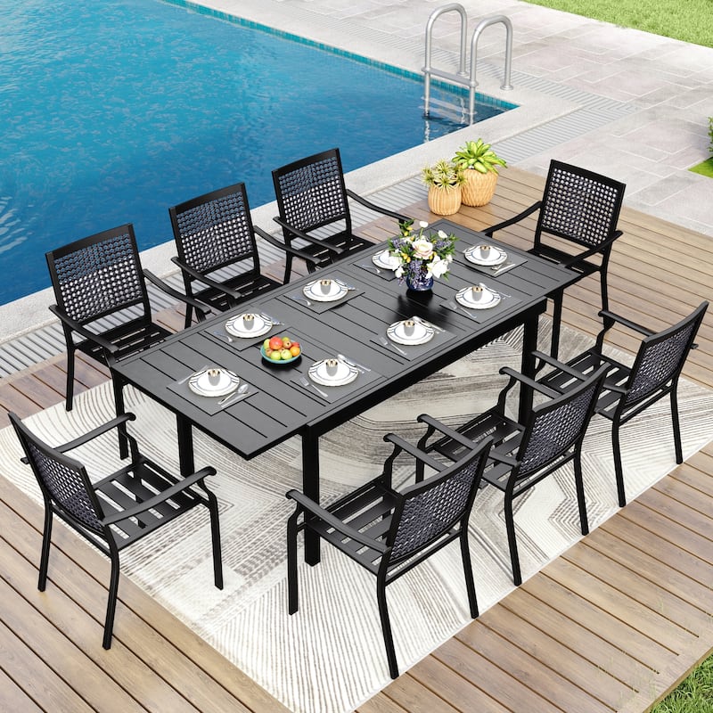 MAISON ARTS 7/9-Piece Patio Dining Set Metal E-coating of 6 Upgraded Back Pattern Chairs & 1 Expandable Metal Table - 9-Piece