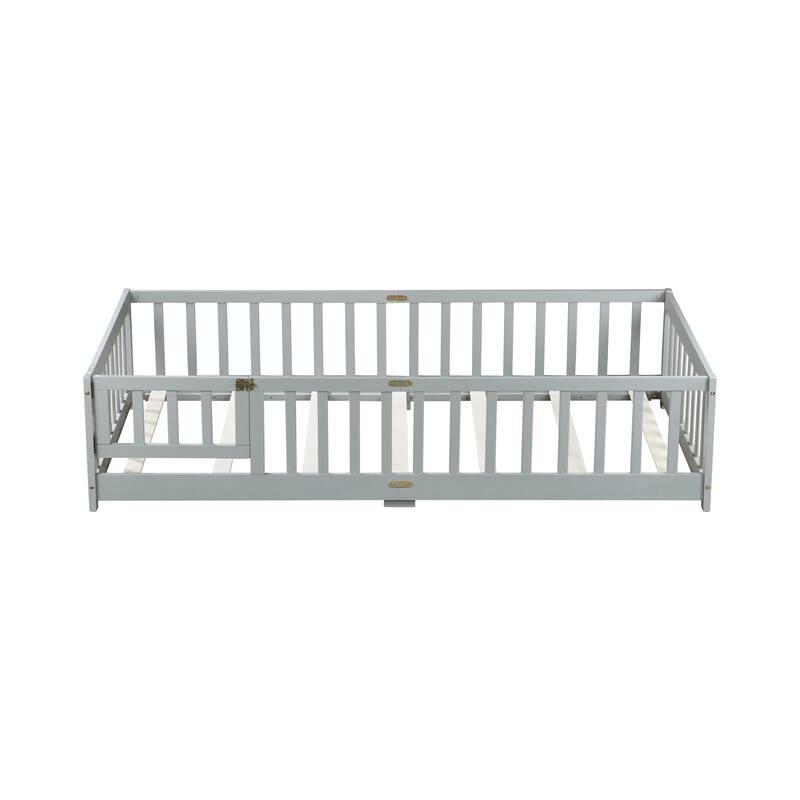 Floor Bed with Fence,Door and Safety Guardrails,Perfect for Kids' Play,Sleep and Development