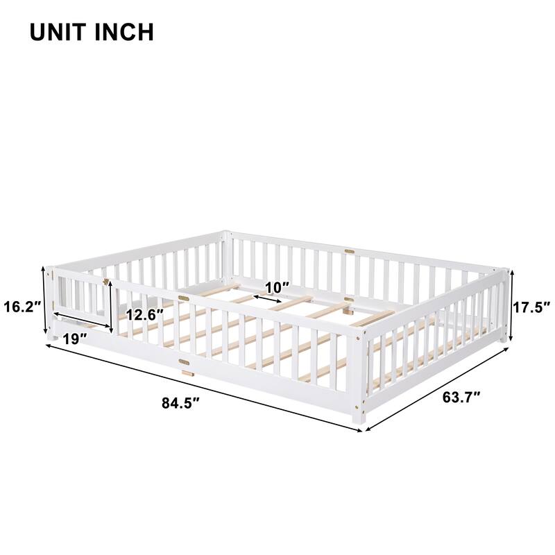 Floor Platform Bed with Fence Guardrails and Door
