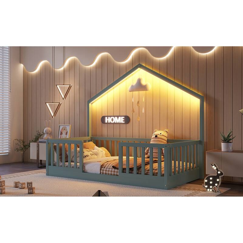 Roomfitters Twin/Full Floor Platform Bed, House Frame and LED Light with Wooden High Rails for Bedrooms or Guest Rooms