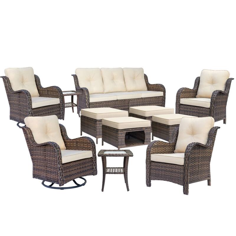11 Piece Outdoor Brown Wicker Patio Conversation Sets with Swivel Chair