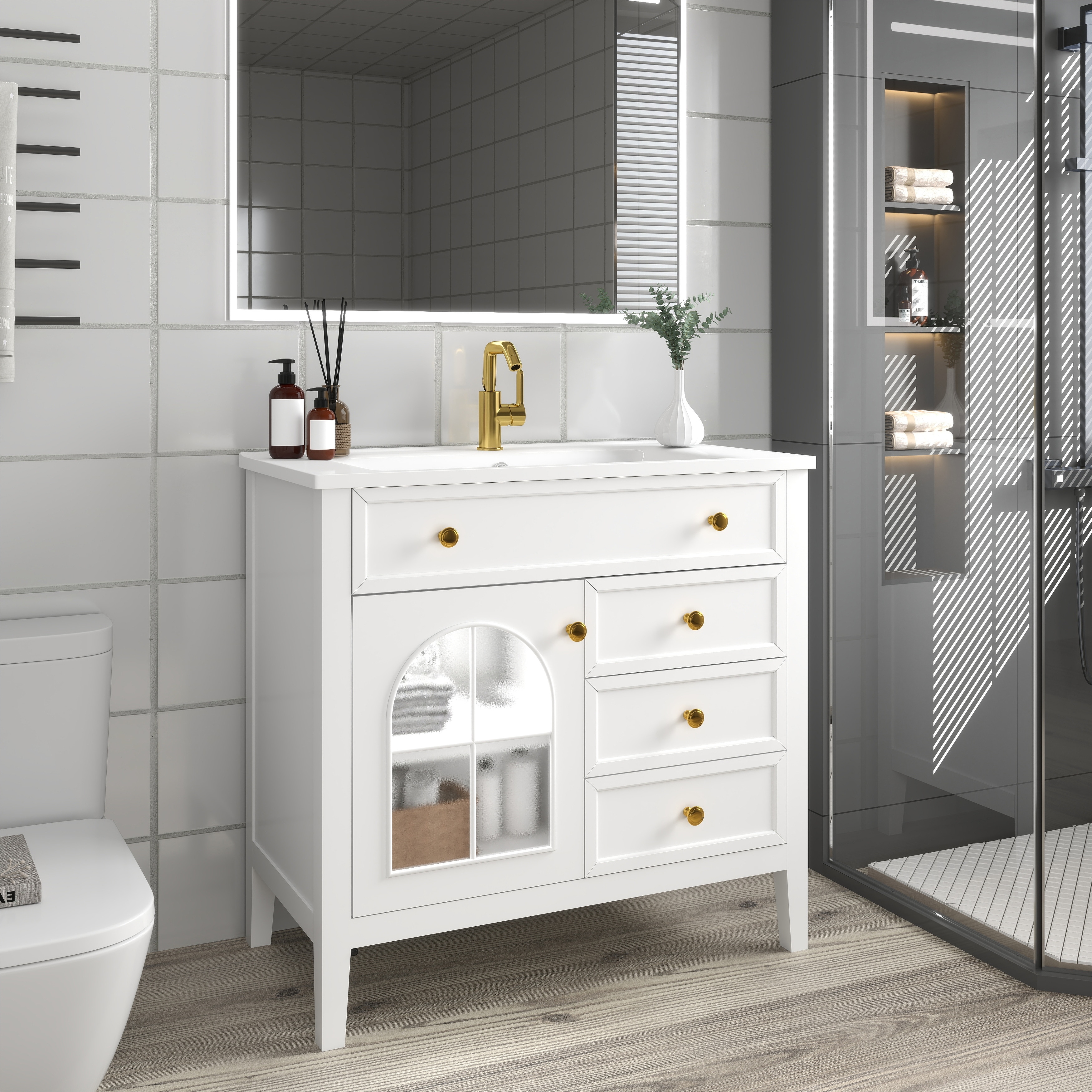 35.6 Inch Mid Century Bathroom Vanity Sink Patterned Glass Motion Sensor Light Farmhouse Freestanding Storage