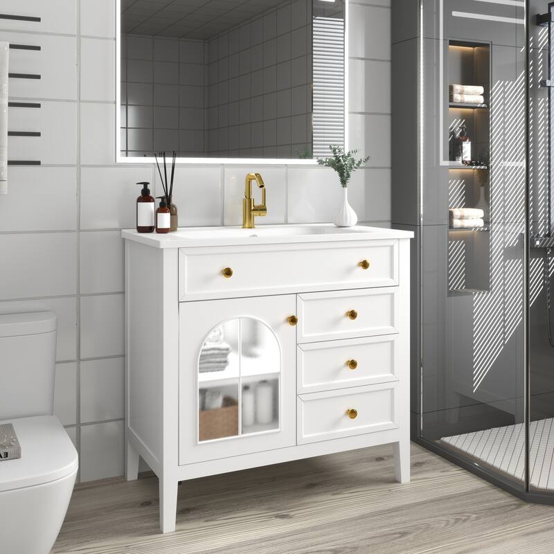 Freestanding 36" Bathroom Vanity Sink Cabinet with Motion-sensor Light Strip, Patterned Glass & Drawers